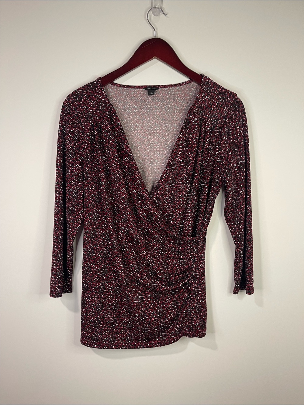 Ann Taylor Burgundy Faux-Wrap Long Sleeve Top
